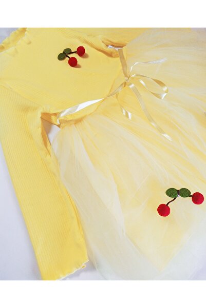 bonalind Üstü Ribana Kumaş Altı Astarlı Tüllü Kirazlı Kız Çocuk Elbise