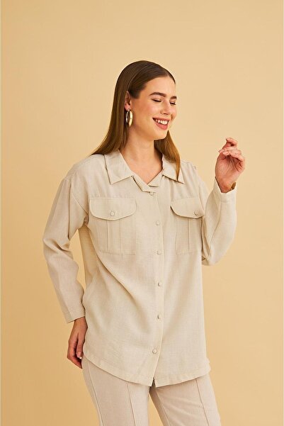 Basicpark Raxy Pocketed and Ribbed Linen Stone Shirt and Trousers Set