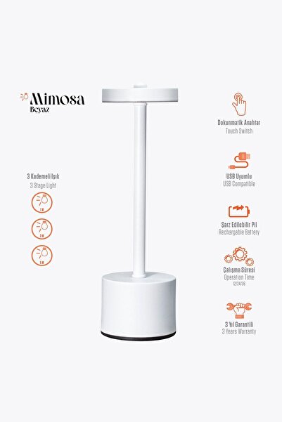 Light Design Mimosa Beyaz Başucu Pilli Led Şarjlı Restoran Kafe Otel Bar Kütü...
