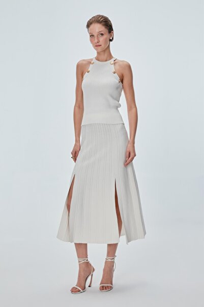 JOIN US Yırtmaç Detaylı Pileli  Ekru Midi Etek