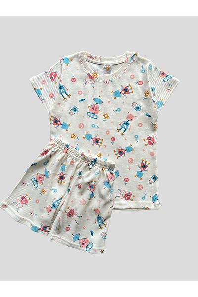 elmas kids Set de pijamale de vară pentru fete, din bumbac, cu nervuri, cu model robot, alb, cu mâneci scurte