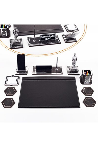 Ofistike Atatürk Biblolu Gümüş Deri Sümen Takımı Mermer Desen Ahşap İsme Özel...