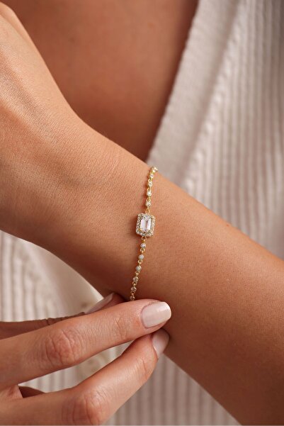 Nereze 925 Ayar Gümüş Gold Kaplama Zirkon Taş Zincirli Baget Tektaş Model Bil...