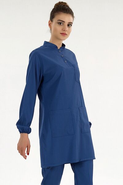 ÇİZGİ MEDİKAL Petrol Mavi Tesettür Likralı Hemşire Forması Takım Doktor Scrub...