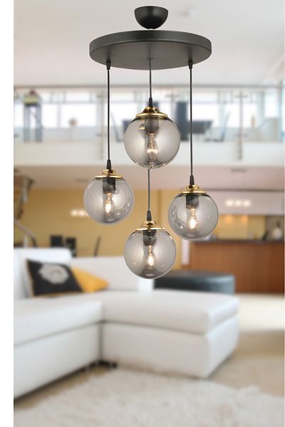 Kraliçe Pendant Lamp Tray Black 4-Piece Smoked Globe Glass Flat Downward Facing Luxury Chandelier