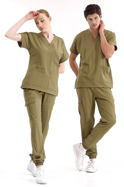 ÇİZGİ MEDİKAL Haki Yeşil Jogger Paça Likralı Doktor Hemşire Forması Scrubs Dr...