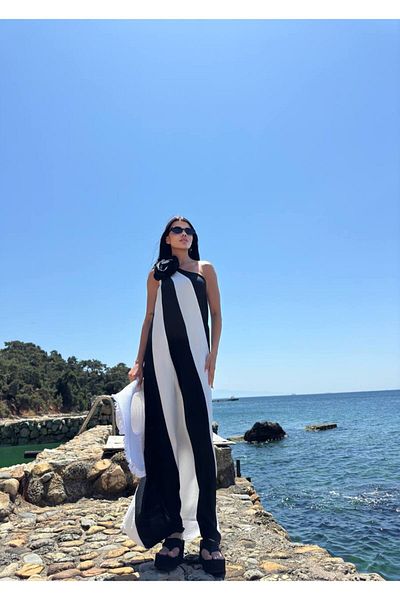 BRGCLOTHING Γυναικείο Premium λινό ριγέ με έναν ώμο με λουλούδια αξεσουάρ Λεπτομερές καλοκαιρινό μάξι φόρεμα