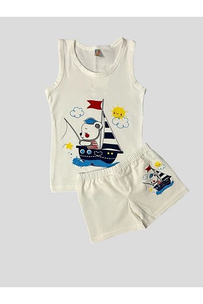 elmas kids Boy's Cotton Ship Patterned Ecru Athlete Boxer Set