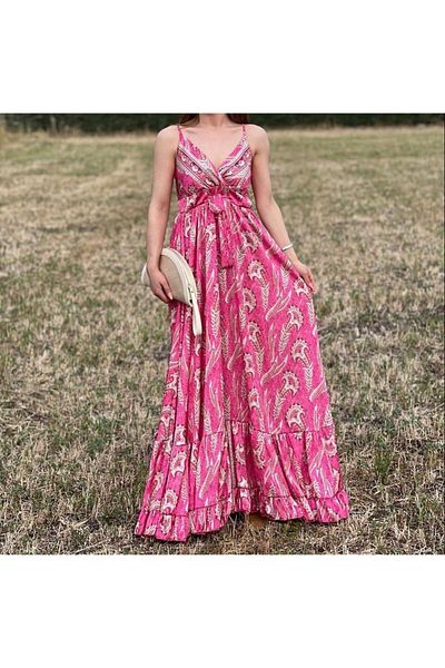 laughs Satin V-Neck Long Dress - Stylish Maxi with Straps, Tie Detail and Flounce Pattern