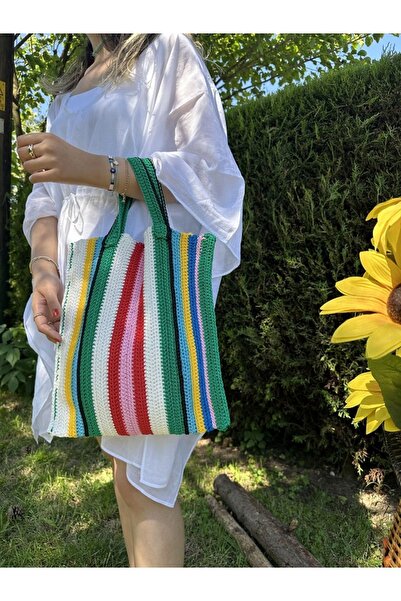 MSS ATALIER Kadın Çok Renkli Çizgili Örgü Kroşe Tote El Çantası,su Yolu Shopp...