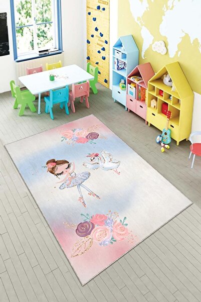 Pelangi Prenses ve Kuğu Desenli Dijital Baskılı Yıkanabilir Kaymaz Taban Çocu...