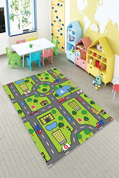 Pelangi Araba Yollu Trafik Yolu Renkli Dijital Baskılı Yıkanabilir Kaymaz Tab...