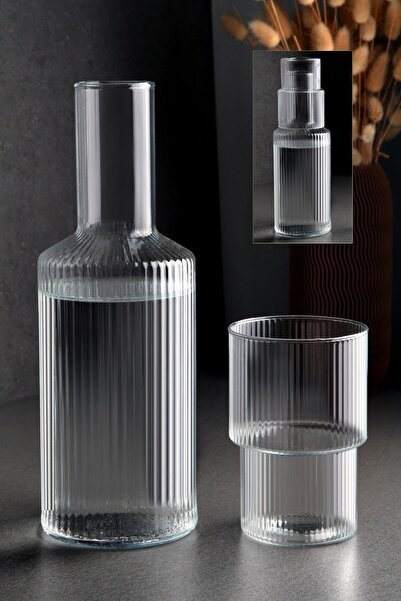 Genel Markalar Lüx Cam Kristal Çizgili Başucu Sürahisi Bardaklı Karaf (1lt) L