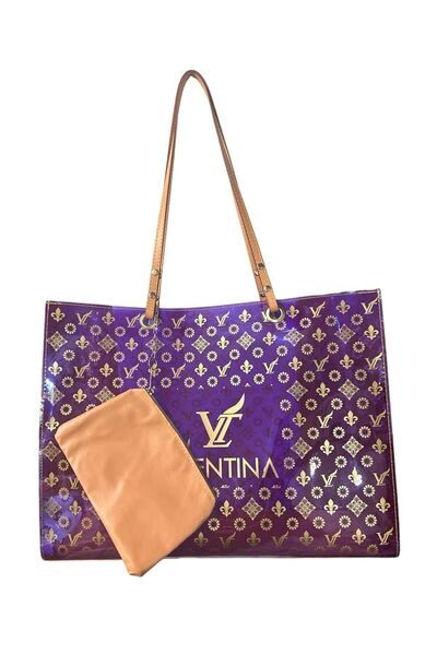 louis valentina Plaj Çantası Kadın Mor Şeffaf Suni Deri Saplı Iç Cepli