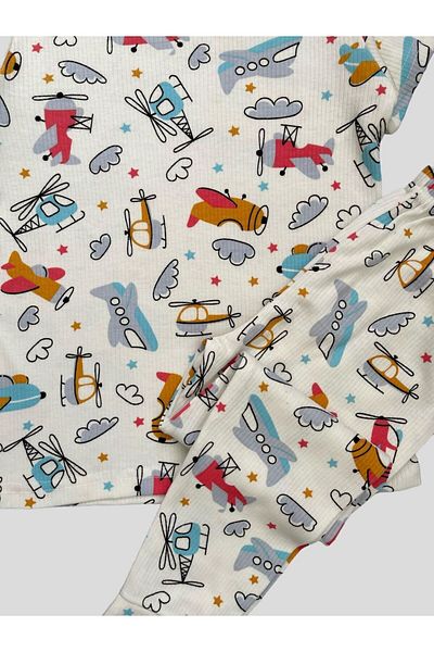 elmas kids Elicopter din bumbac pentru băieți - Set de pijamale de vară cu mâneci scurte cu nervuri cu model de avion