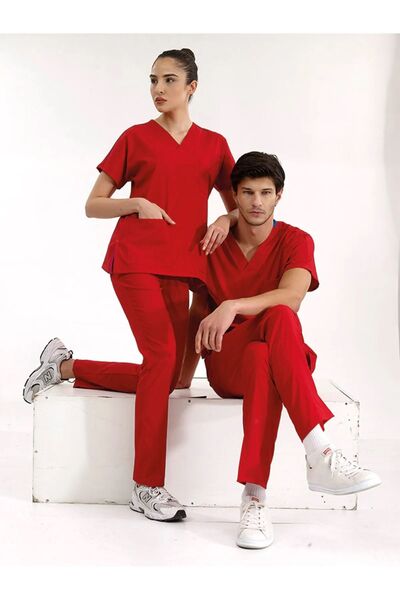 ÇİZGİ MEDİKAL Kırmızı Doktor Hemşire Forması Scrubs Dr Greys Likralı Takım (E...