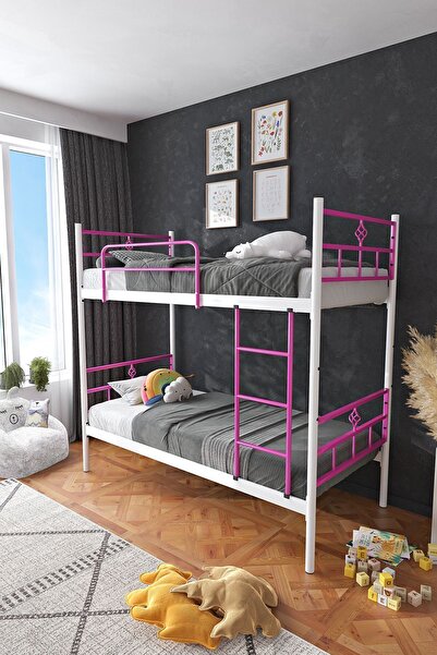 FANO Koza Ranza 90x190 Yatak Uyumlu Koyu Pembe Ayrılabilir Metal Ranza Karyola