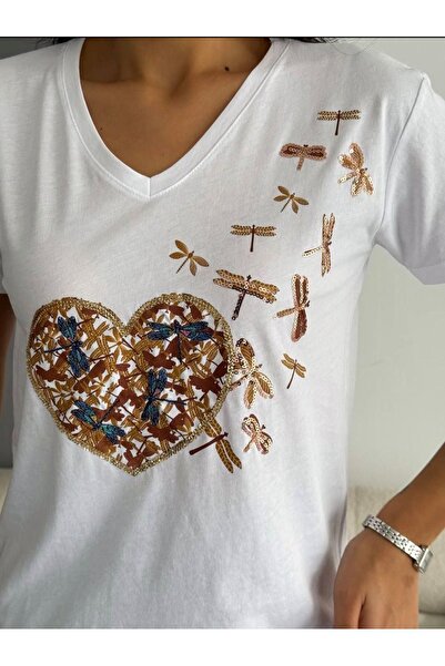 Butik Serdivan Γυναικείο T-Shirt με λαιμόκοψη με λαιμόκοψη με παγιέτες Sweetheart