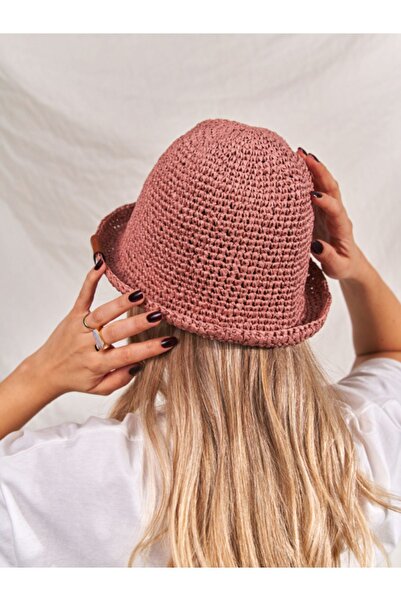 Seniha by Defne El Yapımı Hasır Rafya Bucket Şapka - Pembe