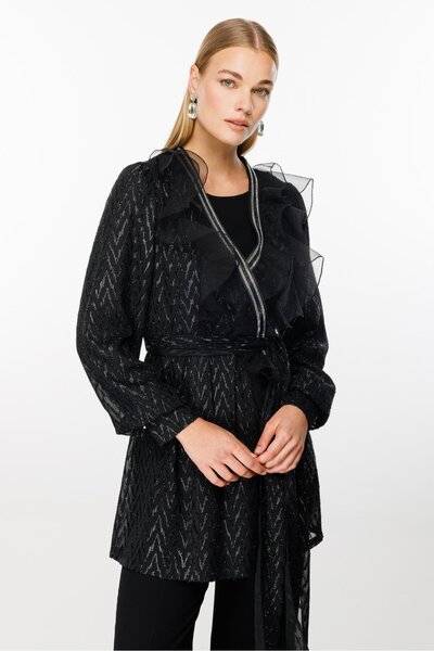 Genel Markalar Yakası Volanlı Simli Jakar Uzun Tunik Siyah