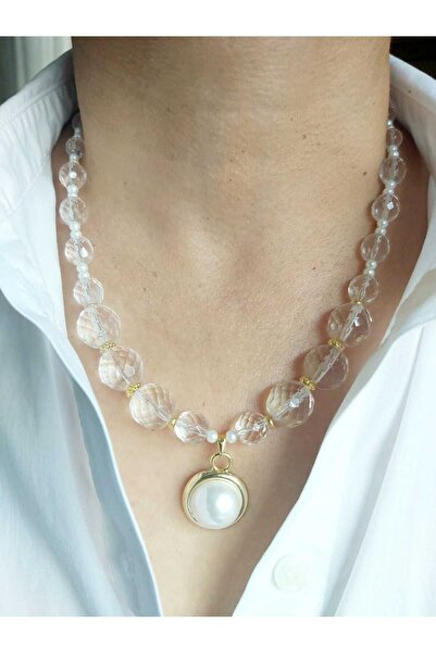 DEVİ fashion Doğal Taş Kristal Kuvars Inci Uçlu Kolye