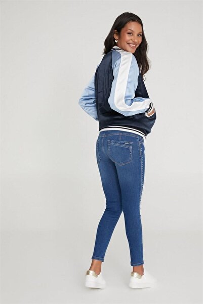 VAVIEN Kadın Hamile Skinny Denim Kuşgözü Taş Yapıştırma Pantolon Mavi 1089