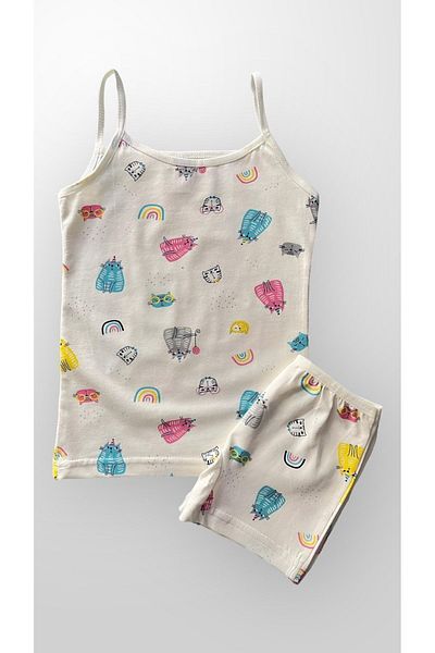 elmas kids Girl - White Undershirt Boxer Set with Rainbow Pattern and Chubby Cat
