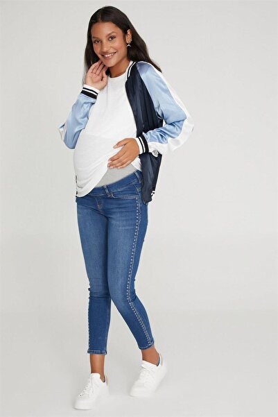 VAVIEN Kadın Hamile Skinny Denim Kuşgözü Taş Yapıştırma Pantolon Mavi 1089