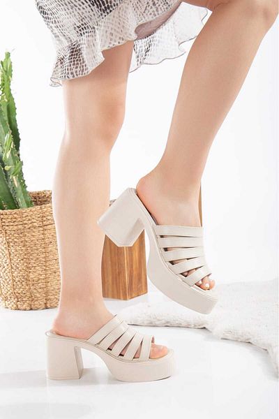 BUİSTİ Thick Heeled Five Thin Stripes Open Front Summer Women's Slippers Sandals