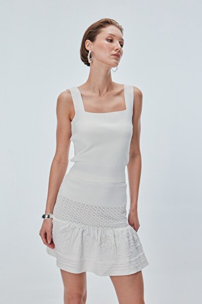 JOIN US Dantel Desenli Ekru Mini Etek
