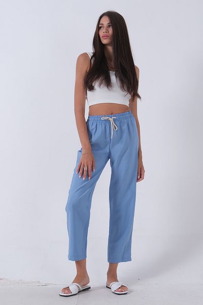 Feminist Baby Blue Linen Trousers - Waist Tied and Elasticated0803447
