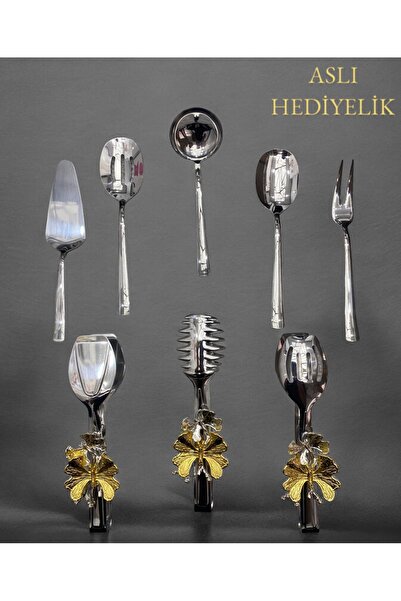 Aslı Hediyelik Set of 8 Stainless Steel Silver Colander - Ladle, Shovel, Fork, Spoon, Butterfly Tongs Serving Set, Dowry