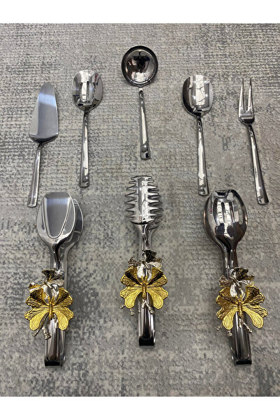 Aslı Hediyelik Set of 8 Stainless Steel Silver Colander - Ladle, Shovel, Fork, Spoon, Butterfly Tongs Serving Set, Dowry