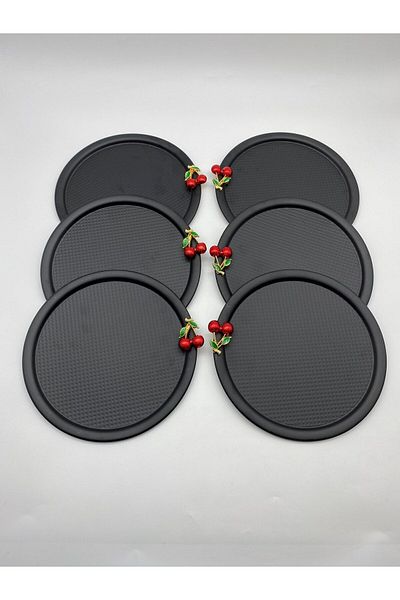 Fiyakalı Ürünler Atölyesi 6-Piece Round Black Serving Tray - Cherry, Tea and Coffee, Single, 22cm Decorative Serving Tray