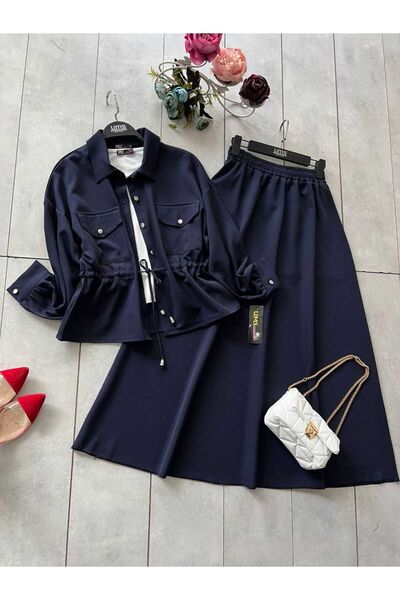 Zümrüt COPY - قميص برباط عند الخصر وطية صدر السترة مع تنورة بجيوب مزدوجة 1659