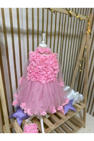 HAYY Kız Bebek Pembe Şifon Çiçekli Kabarık Elbise