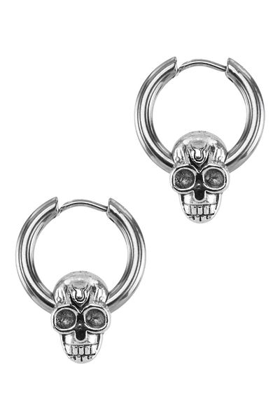 LABALABA Men's Hoop Model Silver Color Steel Earring with Skull Object