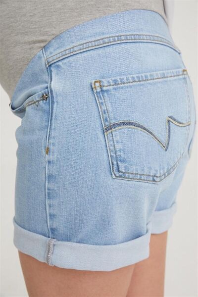 VAVIEN Kadın Açık Mavi Denim Likralı Hamile Şort 1063