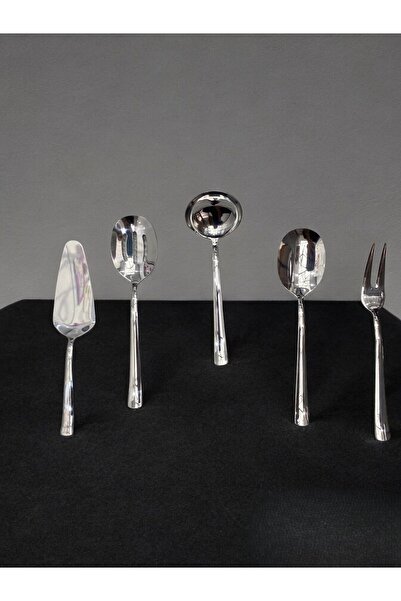 Aslı Hediyelik 5 Piece Stainless Steel Silver Serving Set - Colander, Ladle, Shovel, Fork, Spoon - Dowry Holder