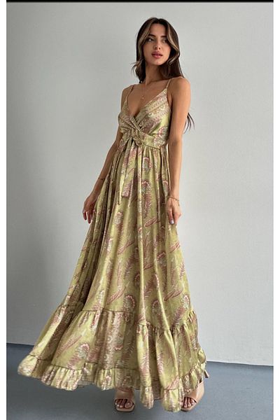laughs Satin V-Neck Long Dress - Stylish Maxi with Straps, Tie Detail and Flounce Pattern
