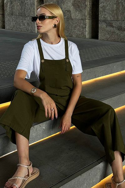 VAGGON Khaki Women's Gabardine Jumpsuit - With Pockets and Straps, Prm1005