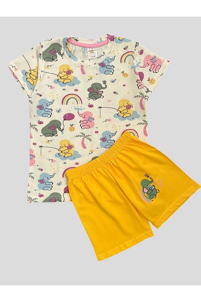 elmas kids Set de pijamale de vară pentru fete, 100% bumbac, cu mâneci scurte, cu model elefant, alb, galben