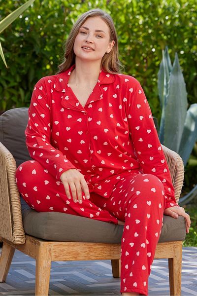 PİJAMOOD ReD Cotton Large Size Long Sleeve Pajamas Set - Front ButtoneD