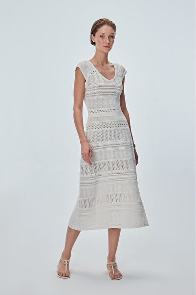 JOIN US Ajurlu Astarlı V Yaka Ekru Midi Elbise