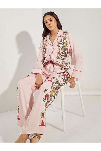 Styli Satin Floral Print Piped Trim Detail Shirt & Pyjama Set