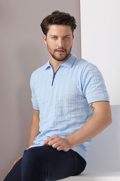 Ferraro Tricou pentru bărbați, 100% bumbac, cu fermoar, cu guler polo albastru