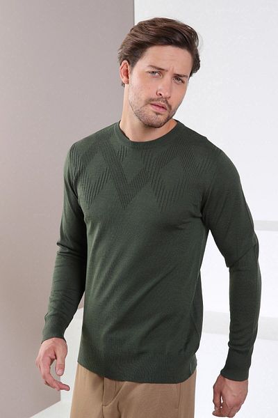 Ferraro Ανδρικό πλεκτό πουλόβερ από μαλλί Khaki Crew Neck Superfine