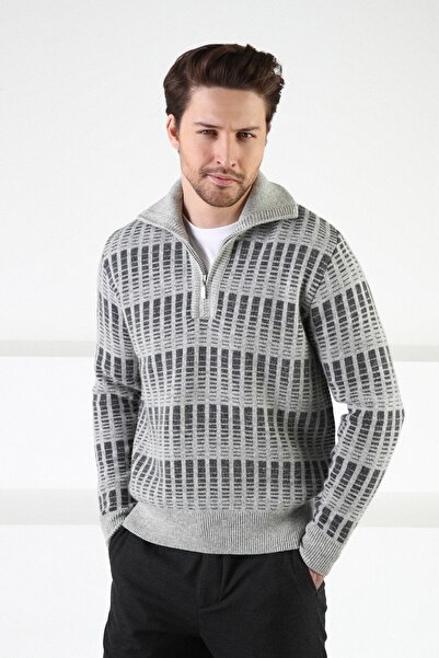 Ferraro A.gray Zippered Stand Collar 100% Lamb Wool Men's Sweater