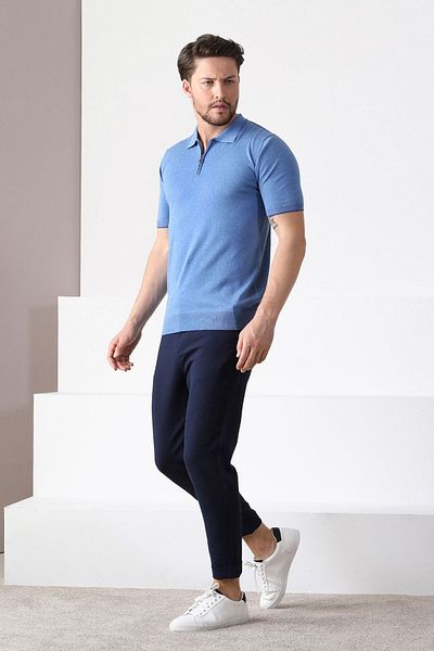 Ferraro A.avacı Tricou tricotat pentru bărbați, cu guler polo, cu fermoar, 100% bumbac
