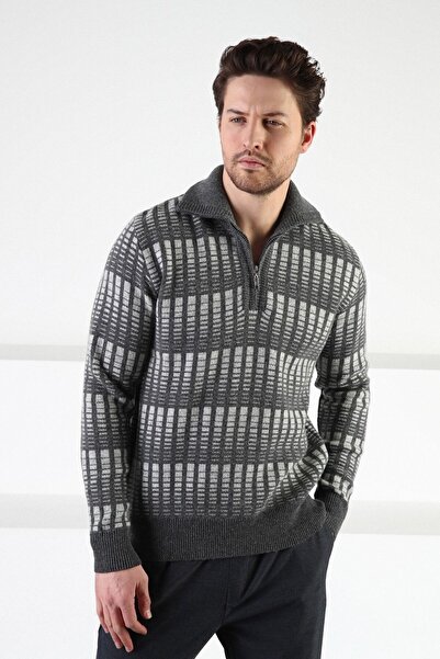 Ferraro Smoked Zippered Stand Collar 100% Lamb Wool Men's Sweater